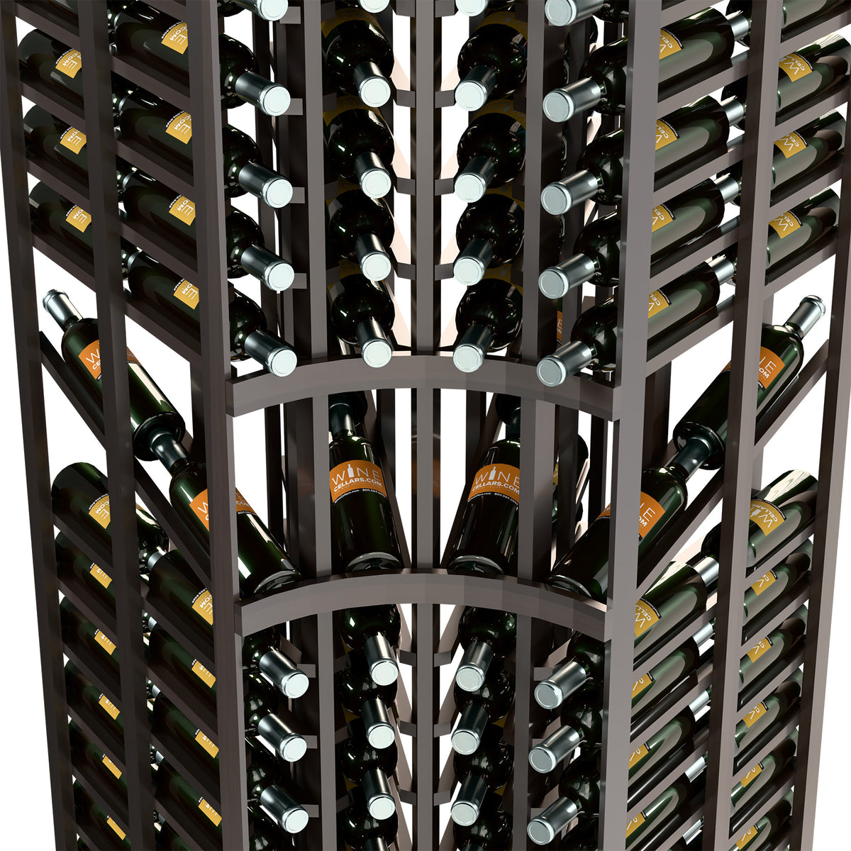 Dark wine rack front close-up with bottle holders and multiple double-deep rows