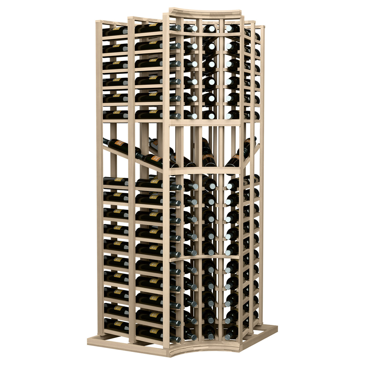 Light wood wine display rack with curved corner, holds bottles in four columns