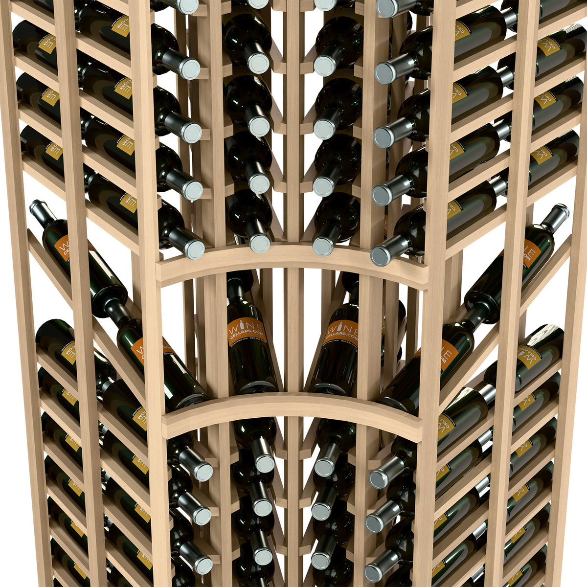 Close-up of light wood wine rack grid with bottle slots and dark horizontal supports