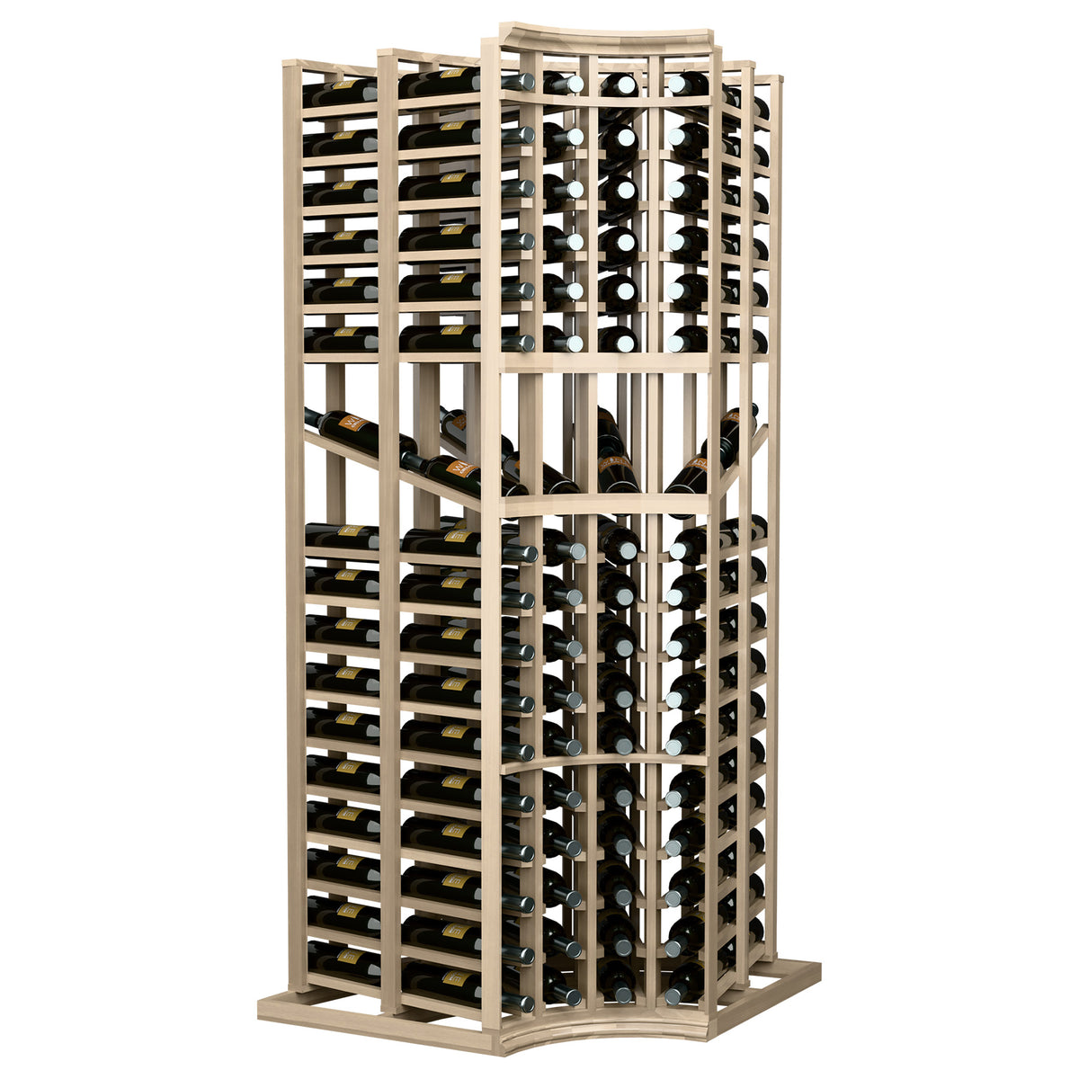 Light wood curved corner wine display rack, double-deep bottle storage in four columns