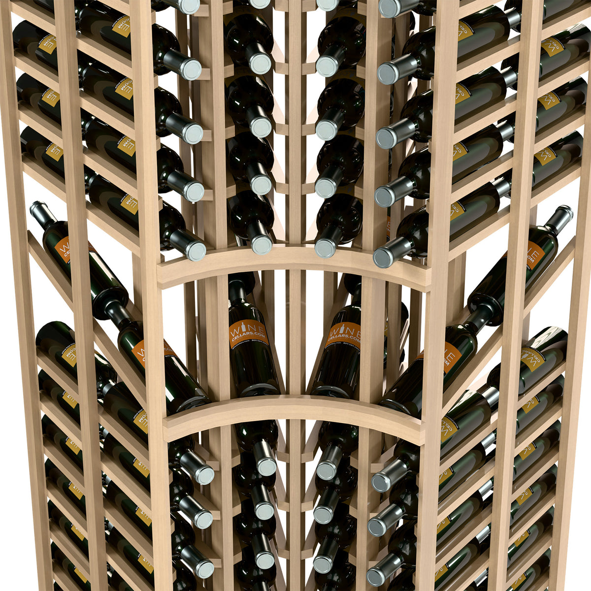 Close-up view of bottle holder slots on light wood curved corner wine display rack