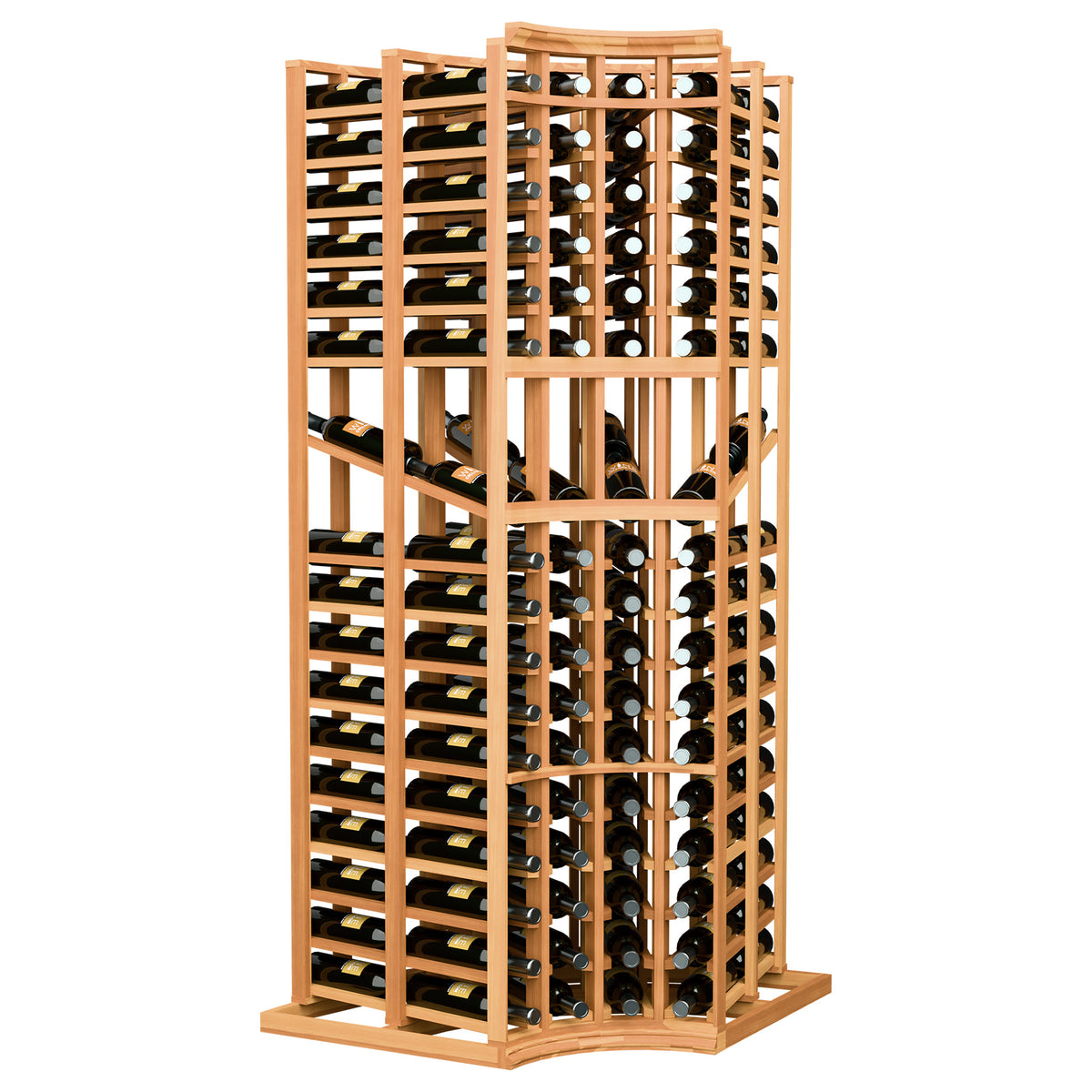Warm wood wine display rack with curved corner, four-column double-deep bottle storage
