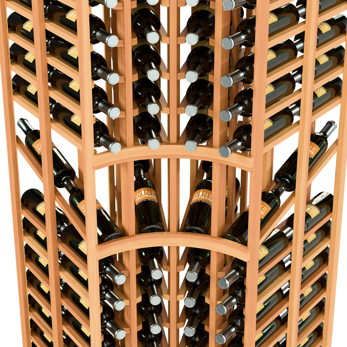 Close-up of warm wood wine rack with bottle slots and dark horizontal bottle supports