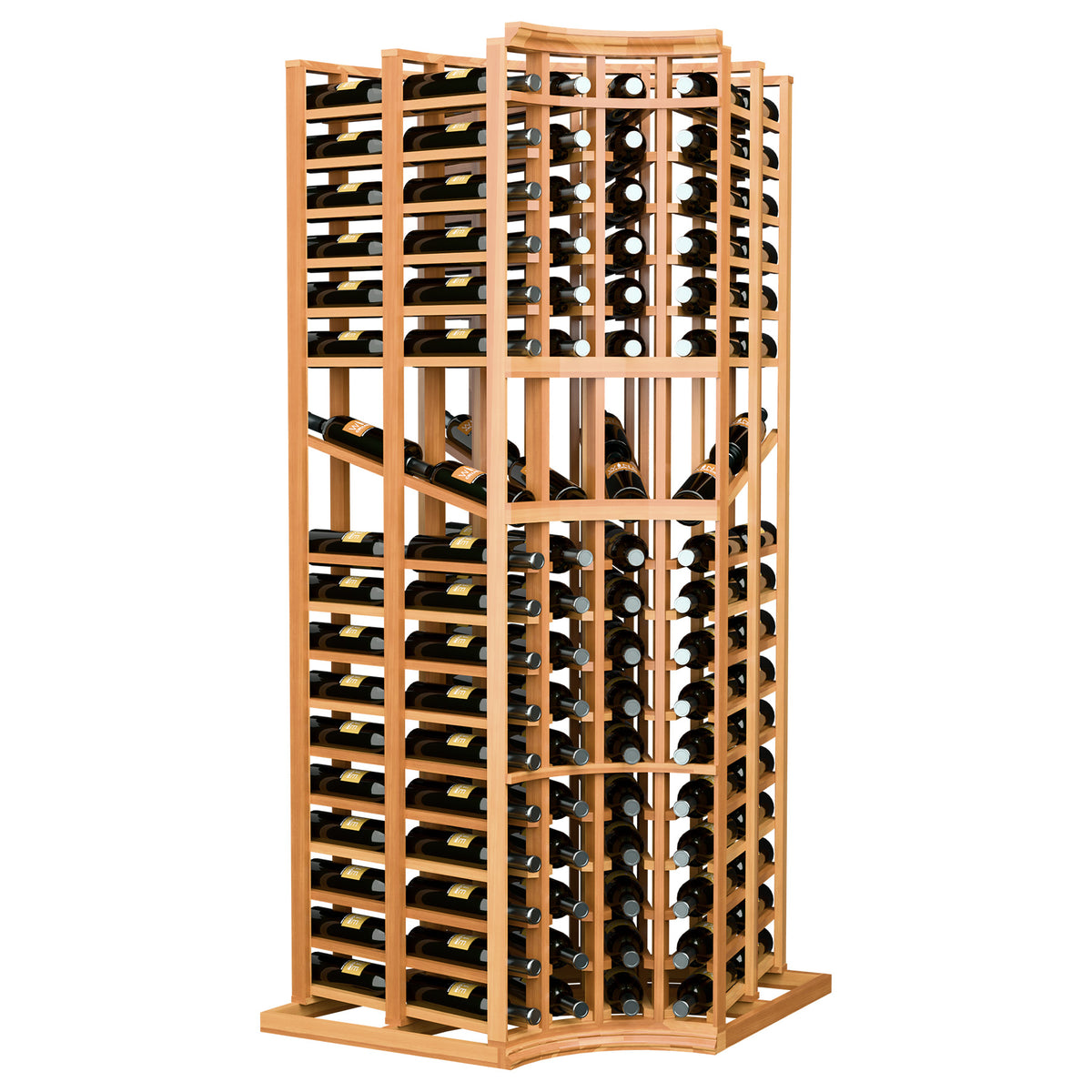 Warm wood curved corner wine display rack for bottles, double-deep storage in four columns