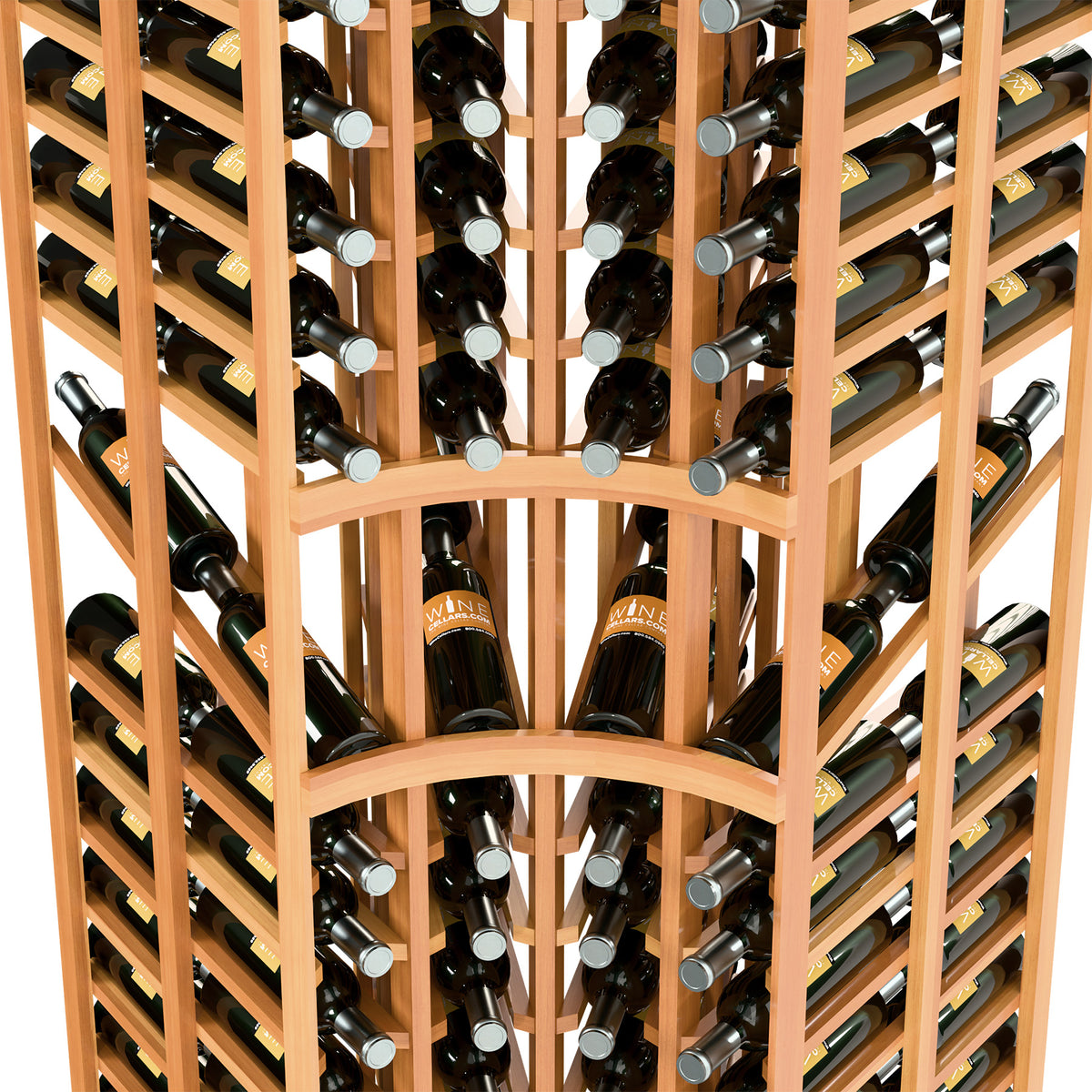 Close-up of warm wood wine rack grid showing bottle slots and curved center dividers