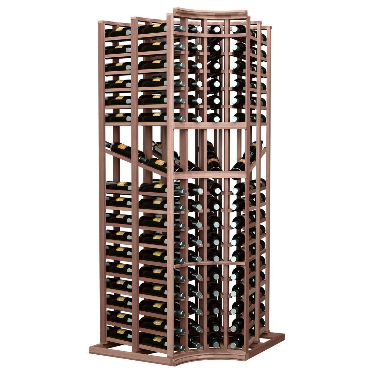 Dark-stained wine display rack with curved corner, double-deep bottle storage in four columns