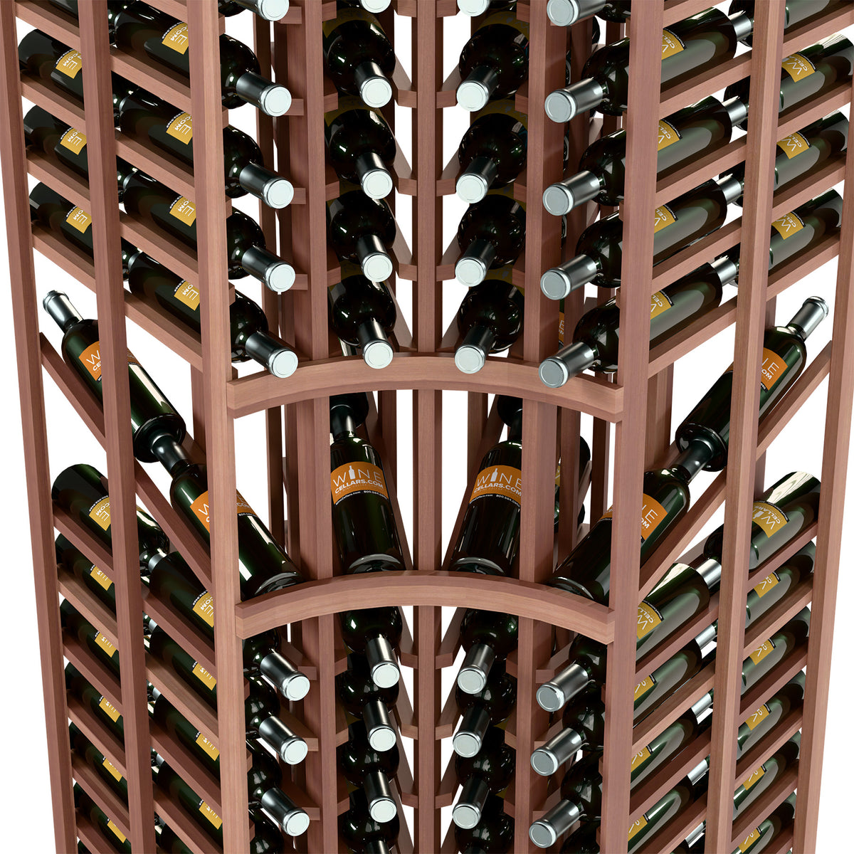 Close-up of dark wood wine rack bottle slots with curved center divider and metal pins