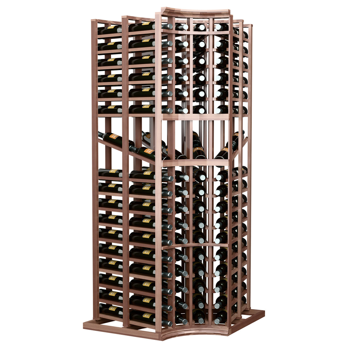 Curved-corner wine bottle display rack, 6ft tall, wooden grid with bottles