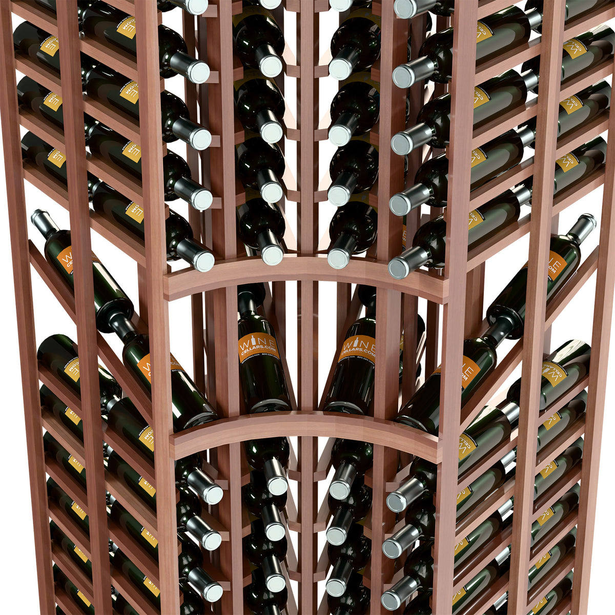 Wood wine bottle display rack close-up, curved arch rows and bottle necks