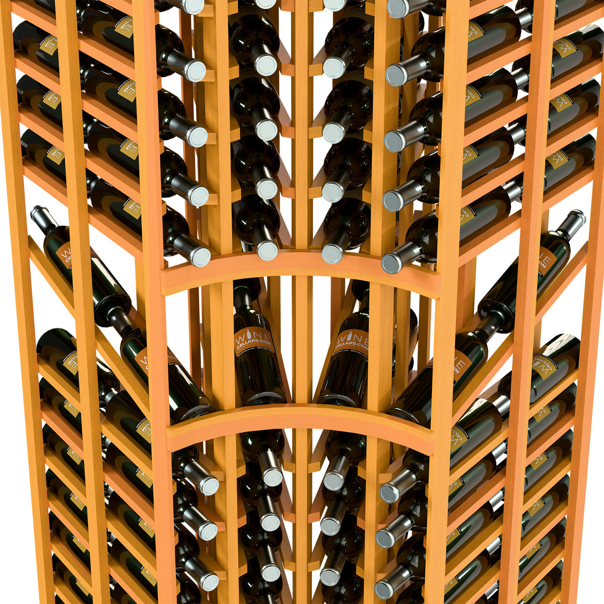 Wood wine bottle display rack close-up, curved arch and bottle rows
