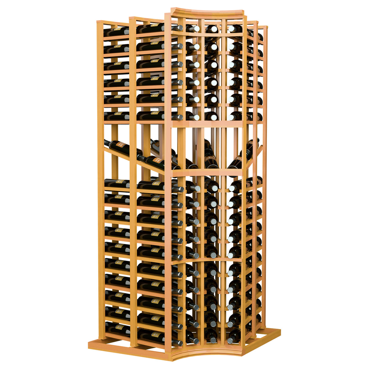 Curved-corner wine bottle display rack, 6ft tall, wooden grid with bottles