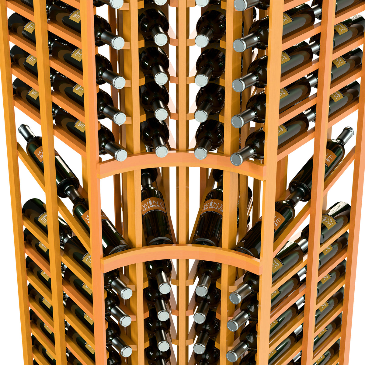 Wood wine bottle display rack close-up, bottle racks with metal-capped holders