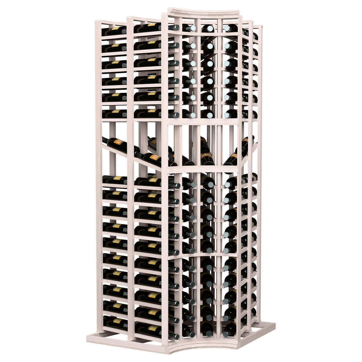 Curved-corner wine bottle display rack, 6ft tall, wooden grid with bottles