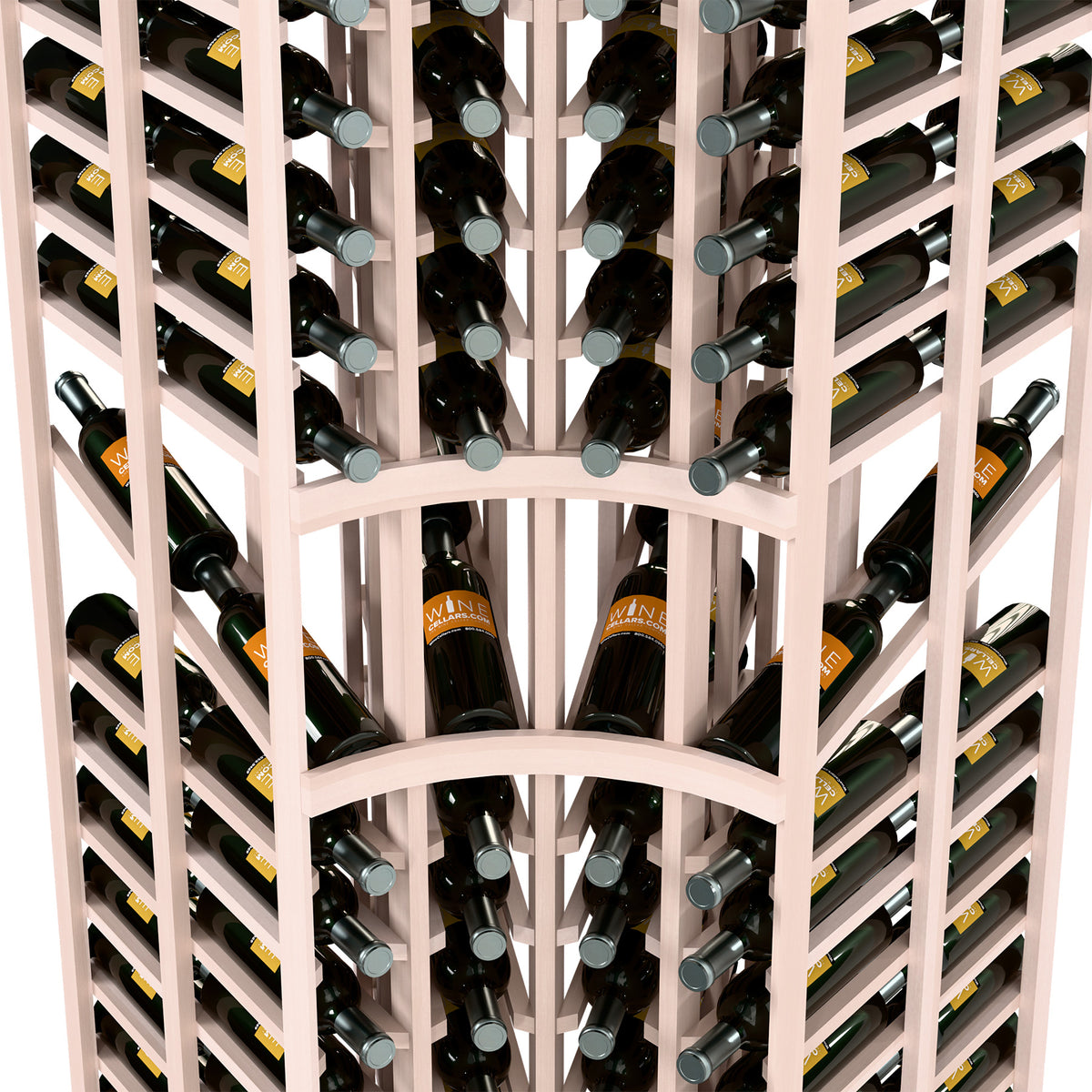 Light wood wine bottle display rack close-up, curved arch rows with bottles