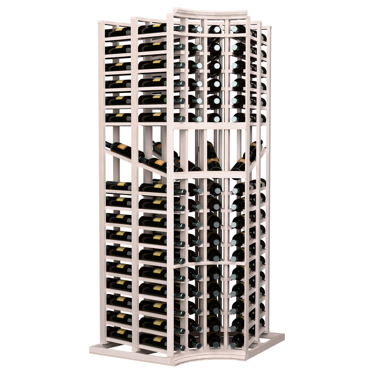 Curved-corner wine bottle display rack, 6ft tall, light-colored wooden grid with bottles