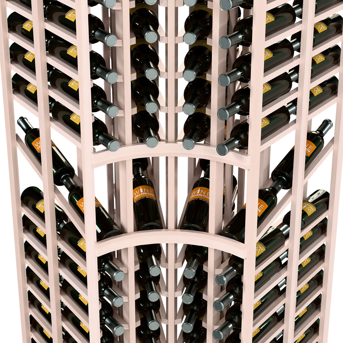 Light wood wine bottle display rack close-up, curved arch rows and bottle necks