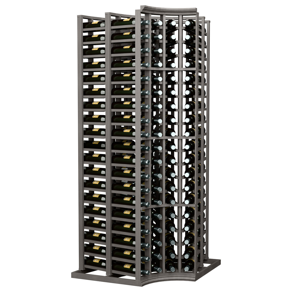 Dark 4-column curved corner wine rack, double-deep 6 ft, holds bottles in cradles