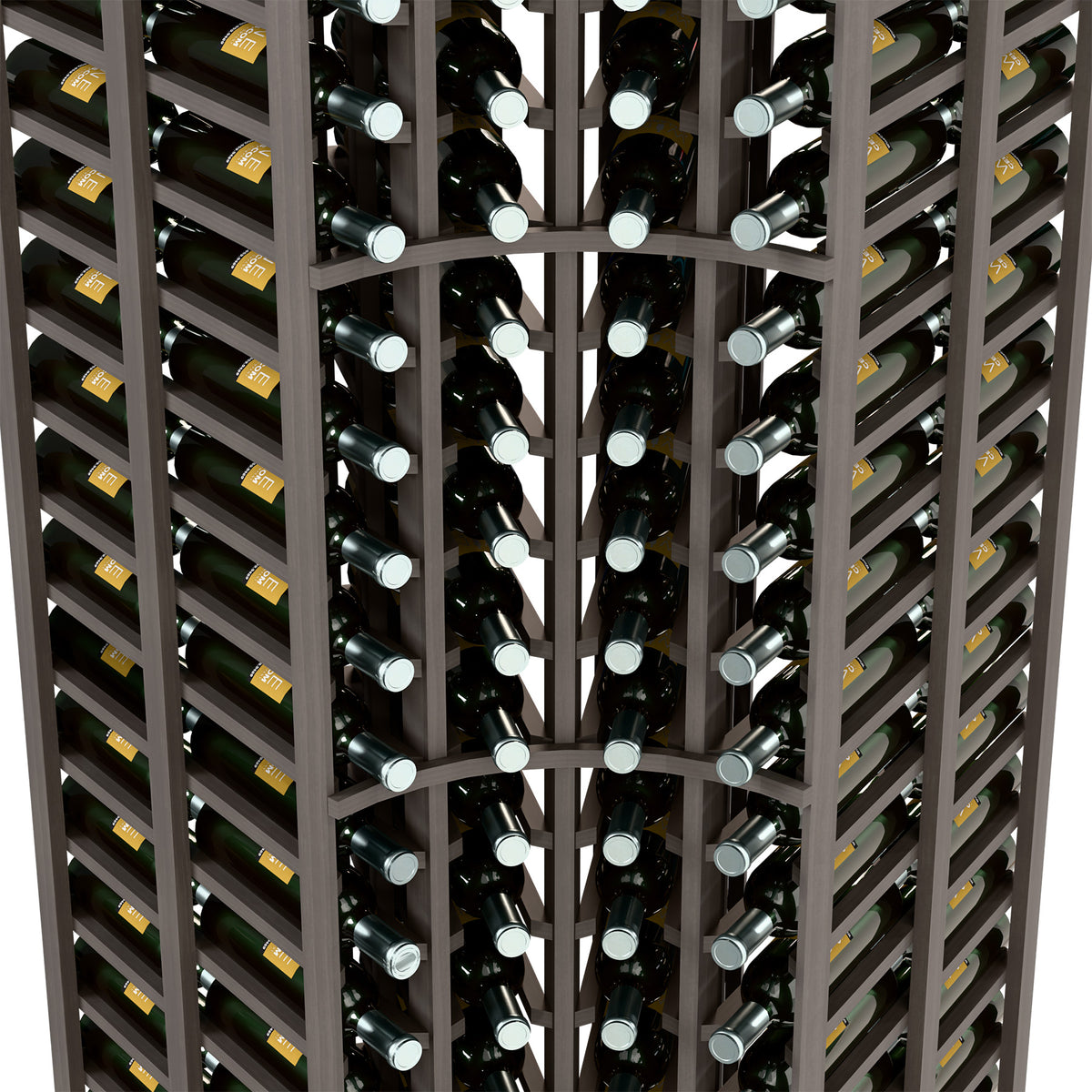 Close-up of dark wine rack bottle slots with metal bottle rests and spaced columns