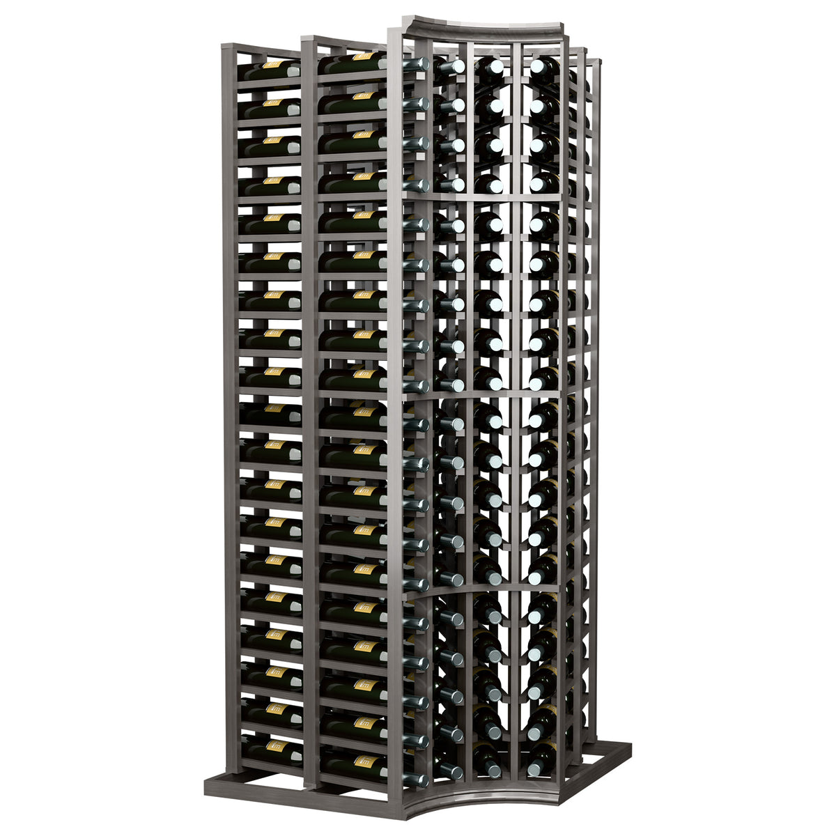Full view of dark 4-column curved corner double-deep wine rack with bottle cradles
