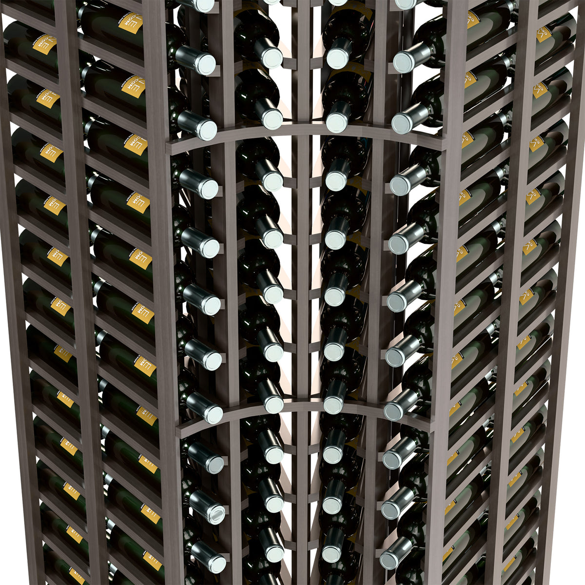 Close-up interior of dark 4-column wine rack with bottle neck rests and rows