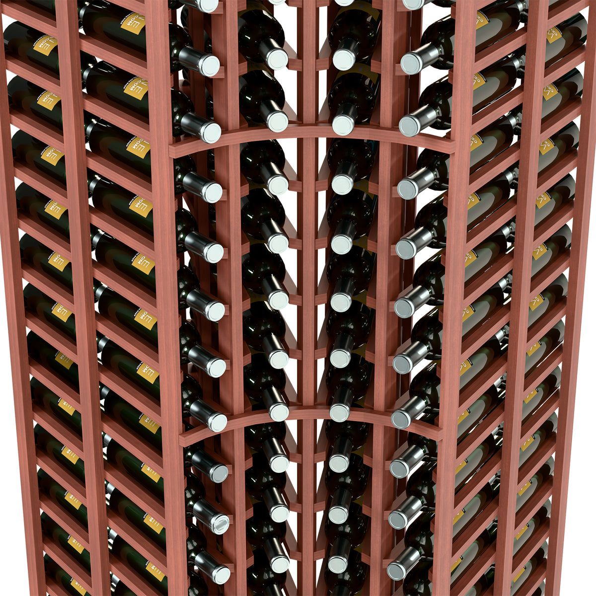Close-up of light wood wine rack bottle slots with metal bottle rests and spacing