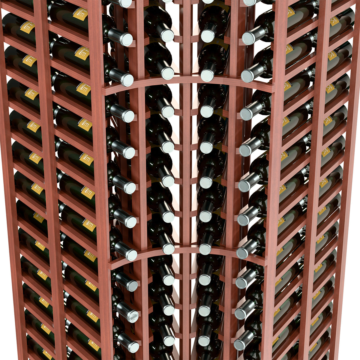 Close-up interior of light wood 4-column wine rack with bottle neck rests and rows