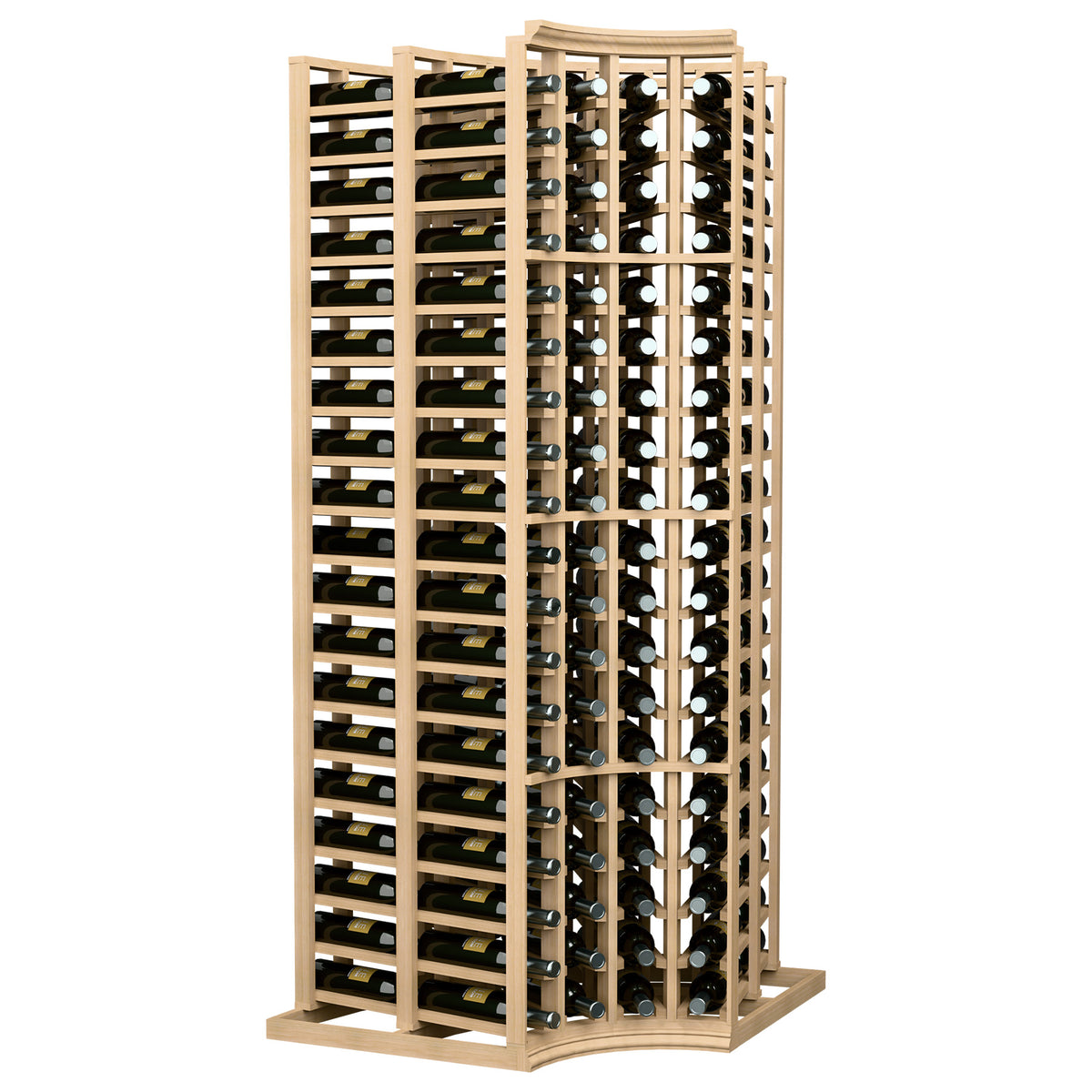 Light wood curved corner wine rack, double-deep 6 ft, holds bottles in divided cradles
