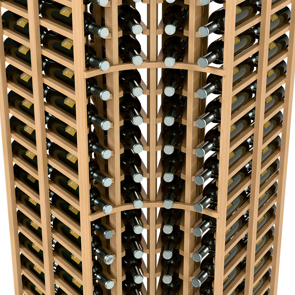 Close-up of light wood wine rack interior with metal bottle rests and bottle rows