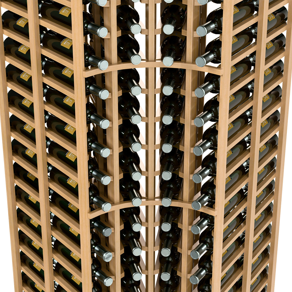 Close-up of light wood wine rack showing bottle necks in angled slots