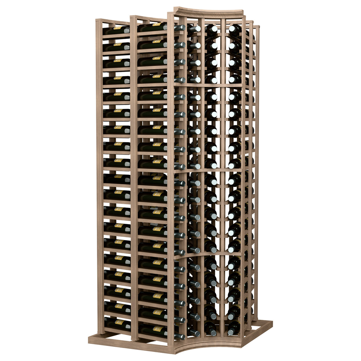 Light wood wine bottle rack with curved corner design and bottle storage