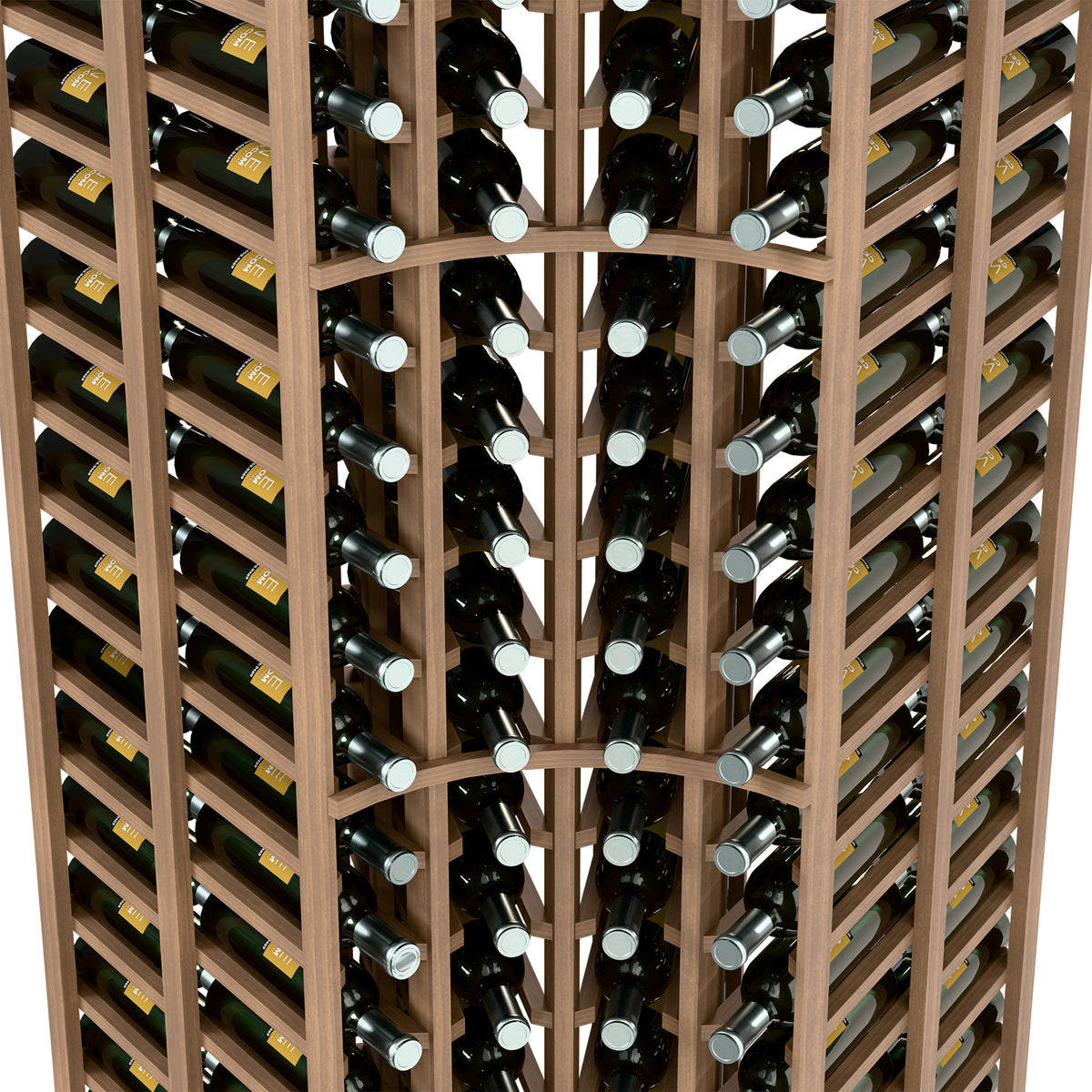 Close-up of light wood wine rack with bottle necks and vertical bottle slots