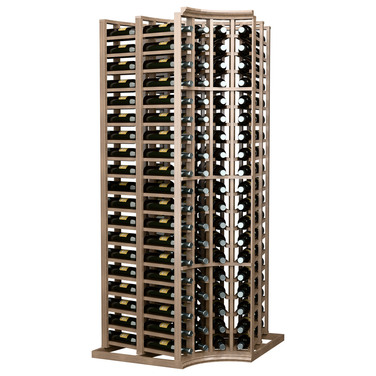 Dark wood wine bottle rack with curved corner, holding bottles in vertical rows