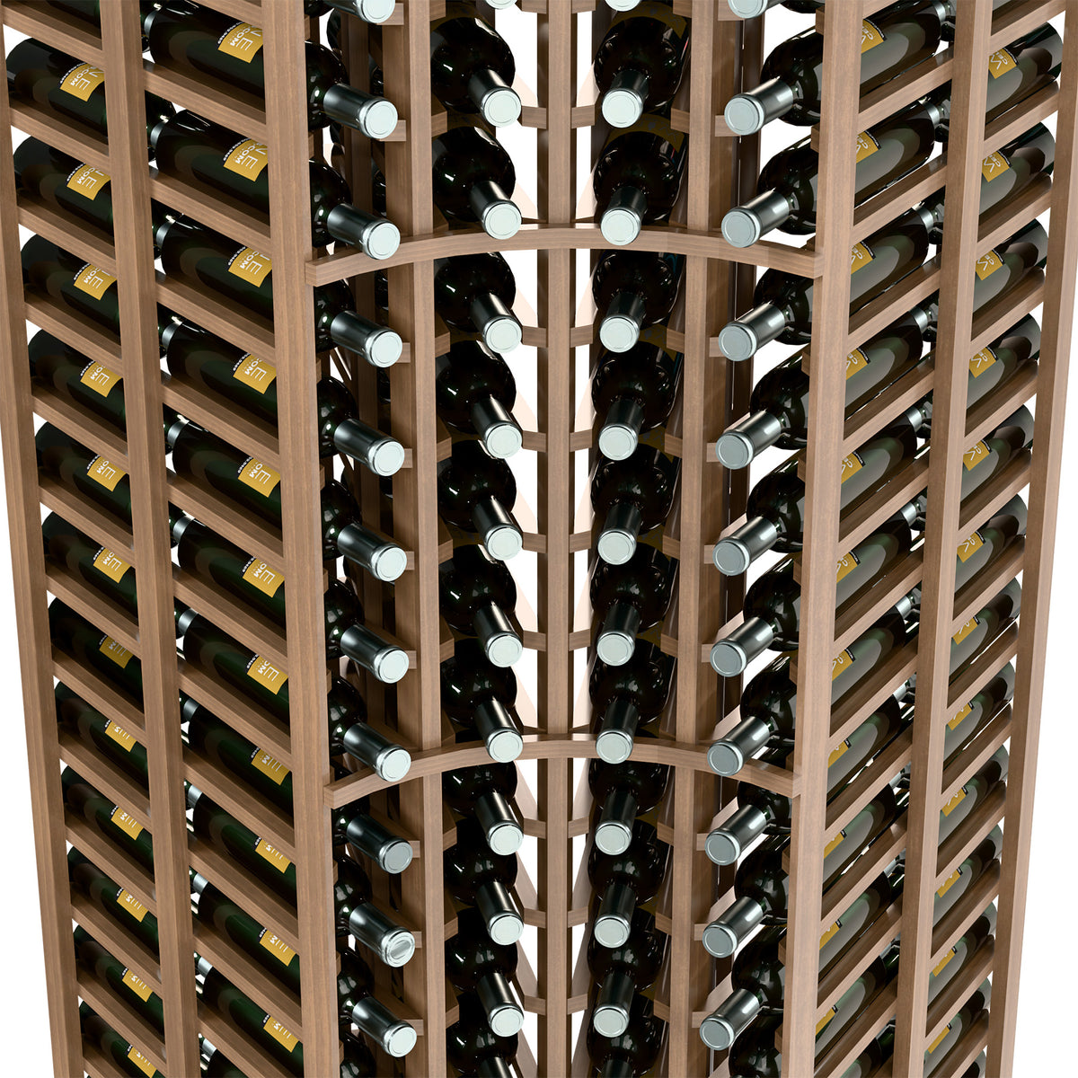 Close-up of dark wood wine rack showing bottle necks in angled slots