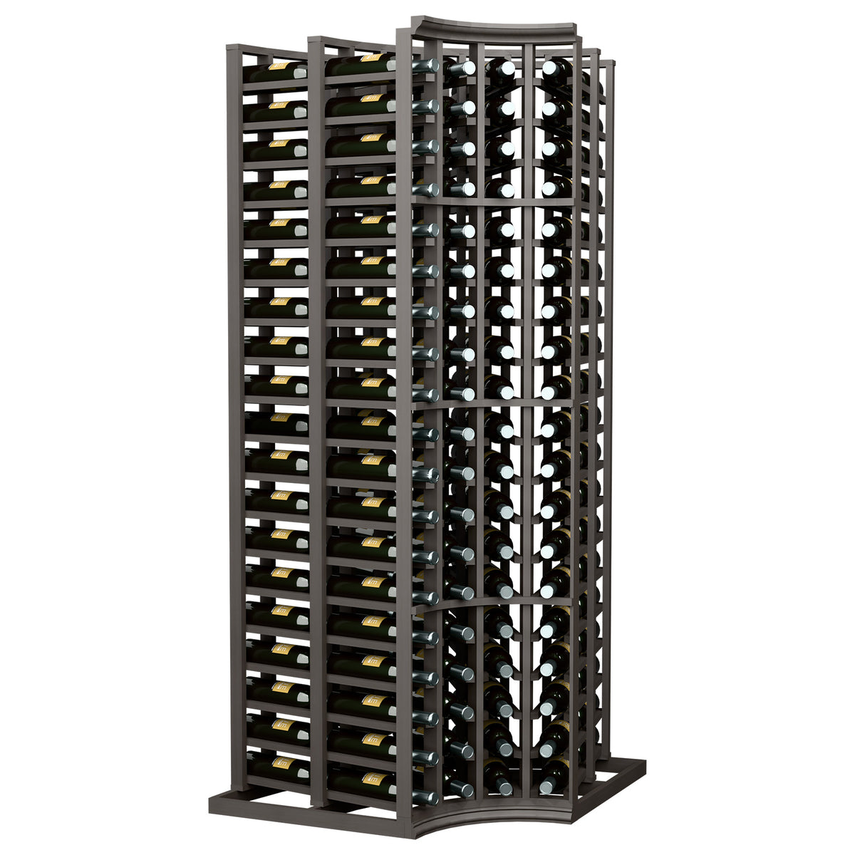 Dark wood wine bottle rack with curved corner design for storing bottles