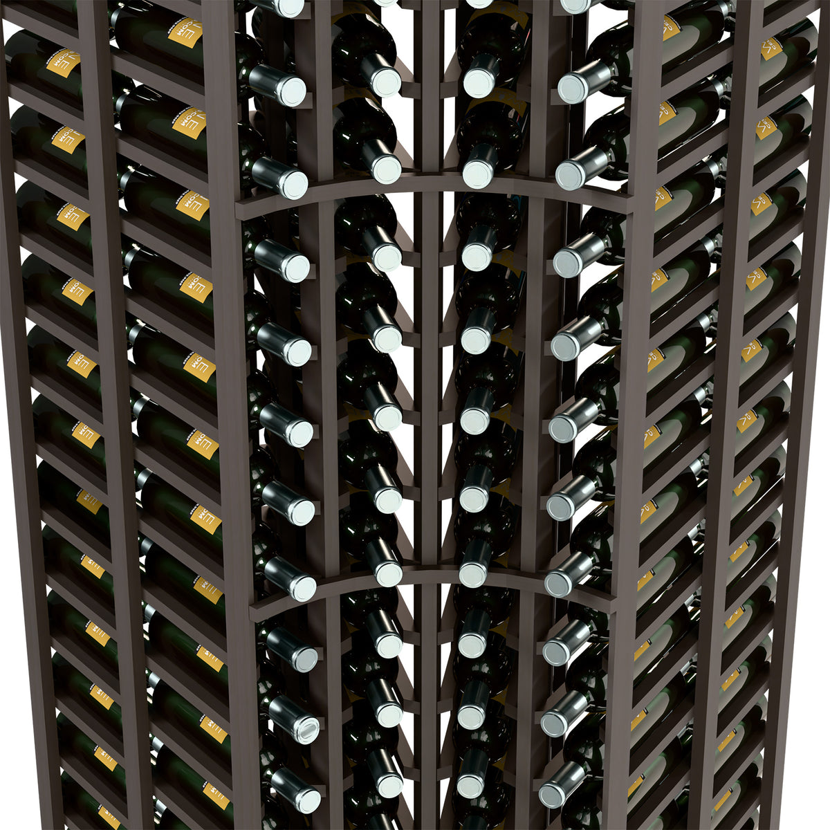 Close-up of dark wood wine rack with bottle necks and divided storage rows