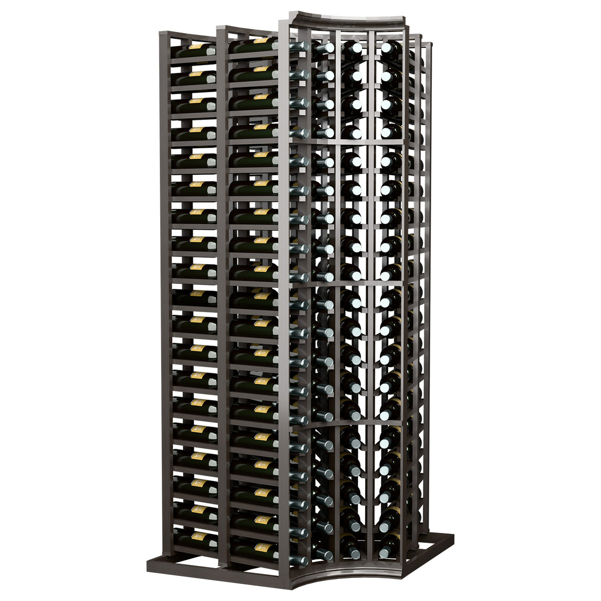 Dark wood wine bottle rack with curved corner and multiple bottle storage openings