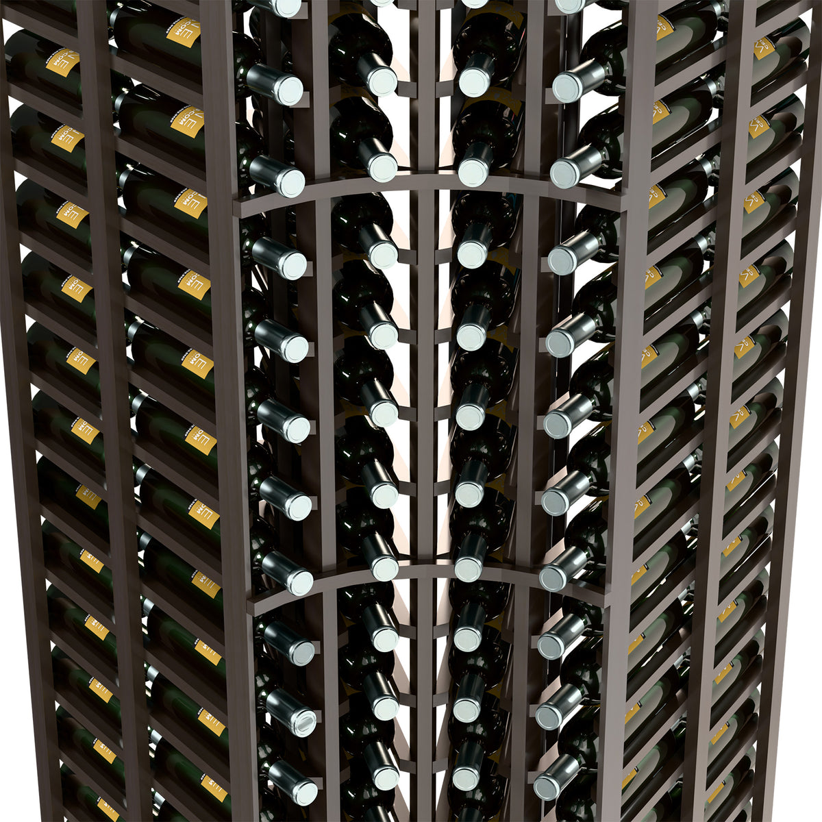 Close-up view of dark wood wine rack with bottle necks in front storage grid