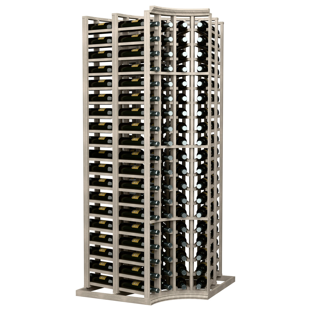 4-column double-deep curved corner wine rack with light wood frame and bottle slots
