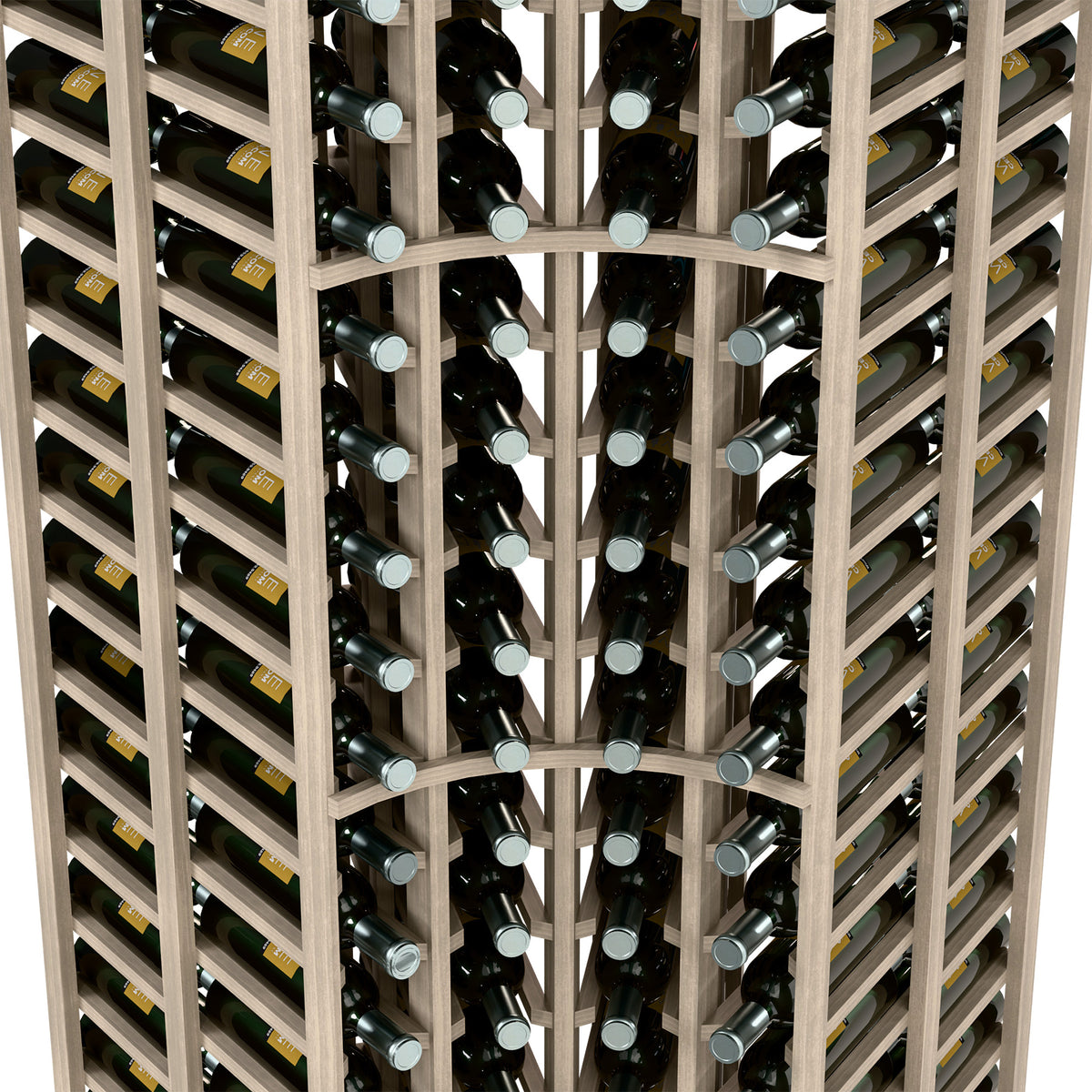 Close-up of light wood 4-column double-deep curved corner wine rack with wine bottles