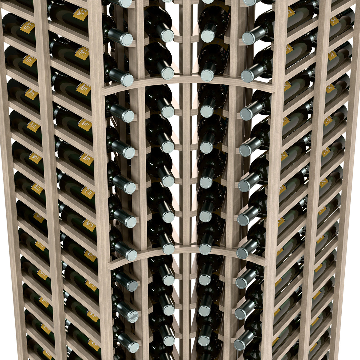 Front view close-up of light wood double-deep curved corner wine rack bottle holders