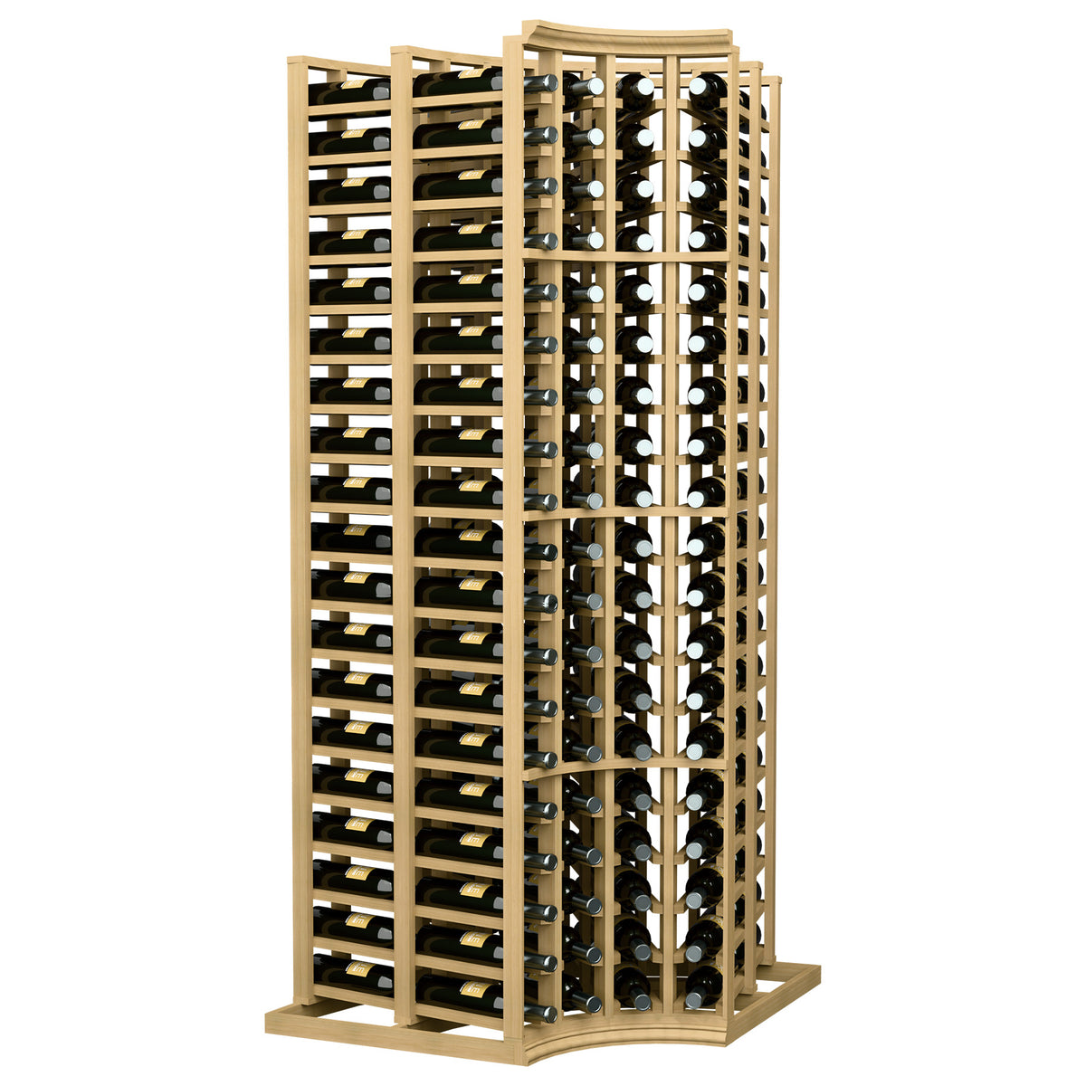 4-column double-deep curved corner wine rack with natural wood finish and bottle slots