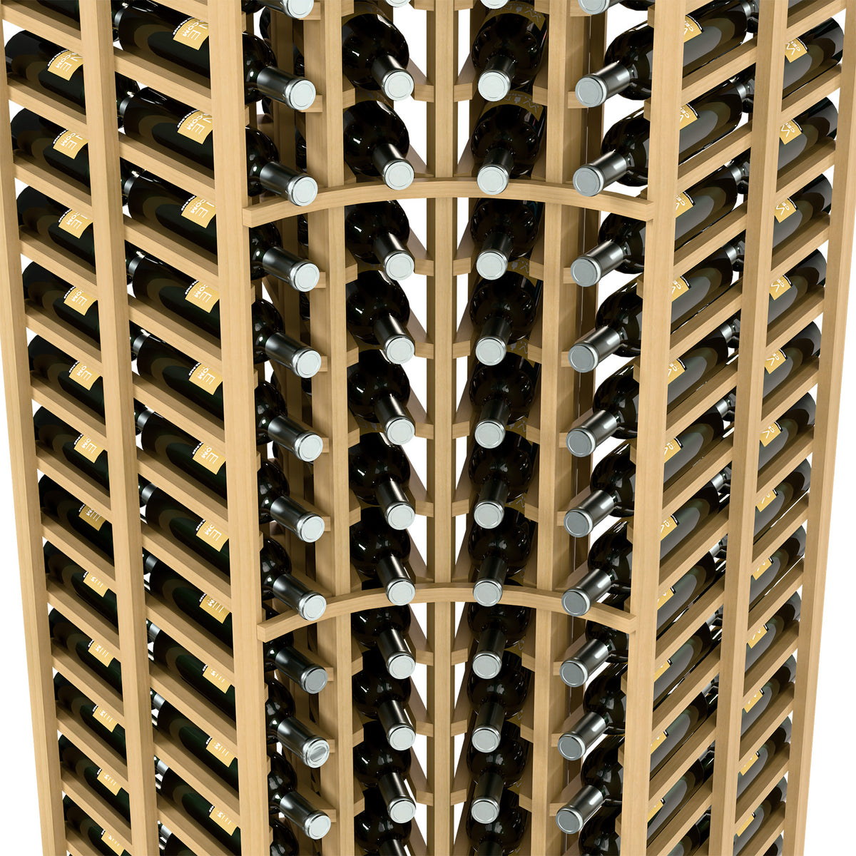 Close-up of natural-finish 4-column double-deep curved corner wine rack with wine bottles