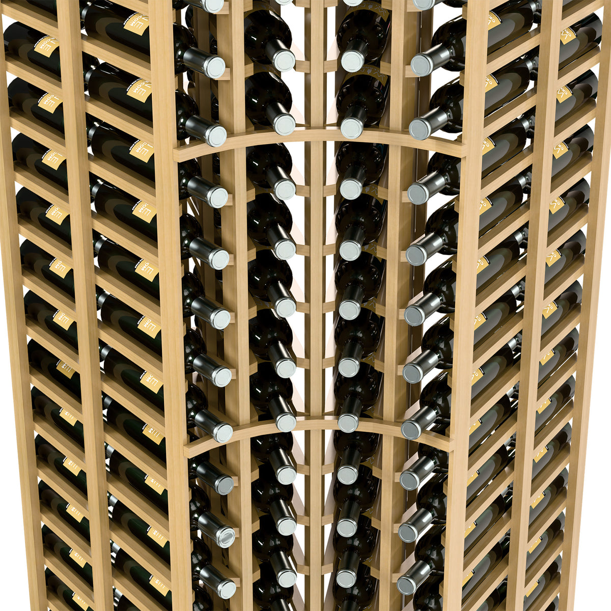 Close-up of light wood 4-column double-deep curved corner wine rack with bottle neck rests