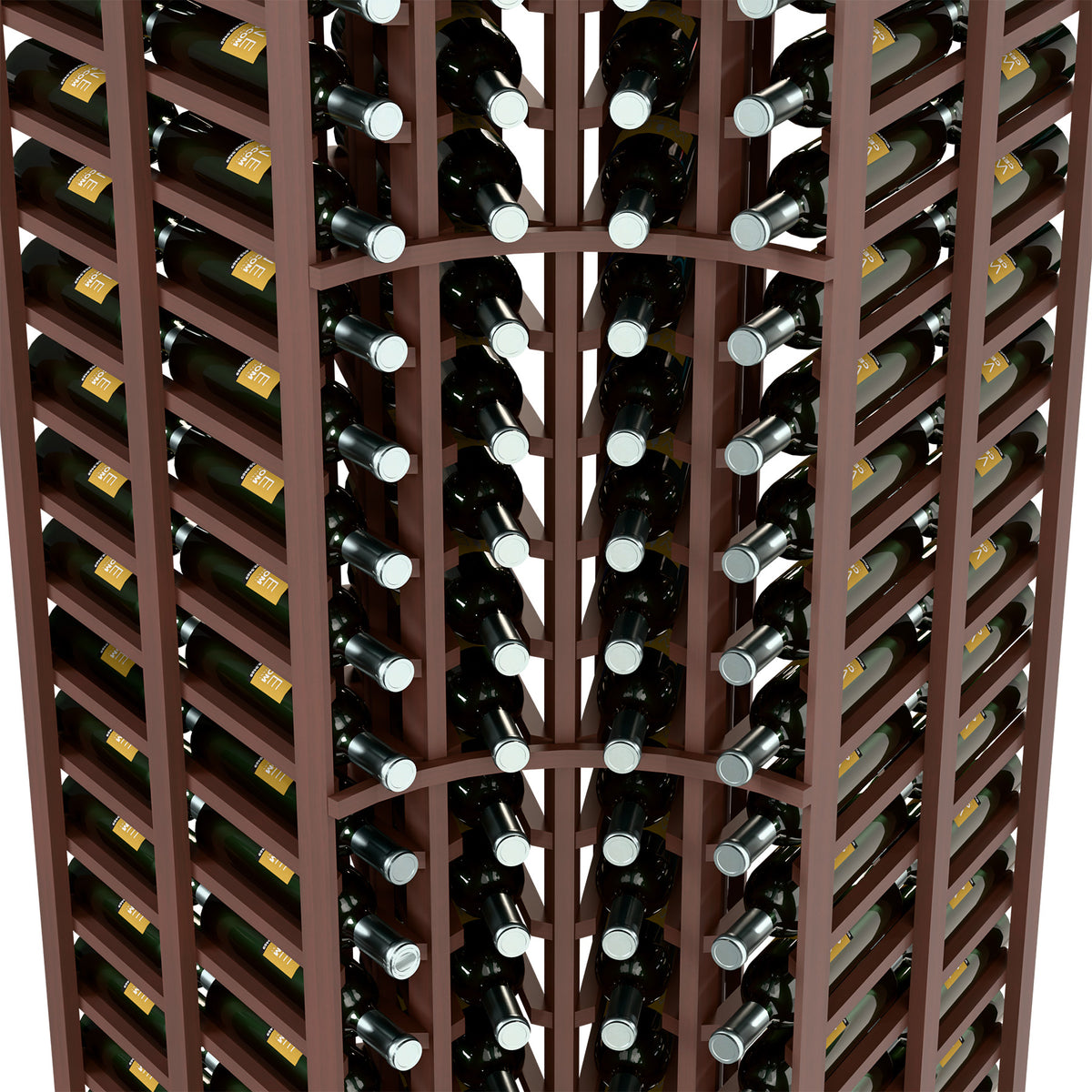 Close-up of dark wood 4-column double-deep curved corner wine rack with wine bottles