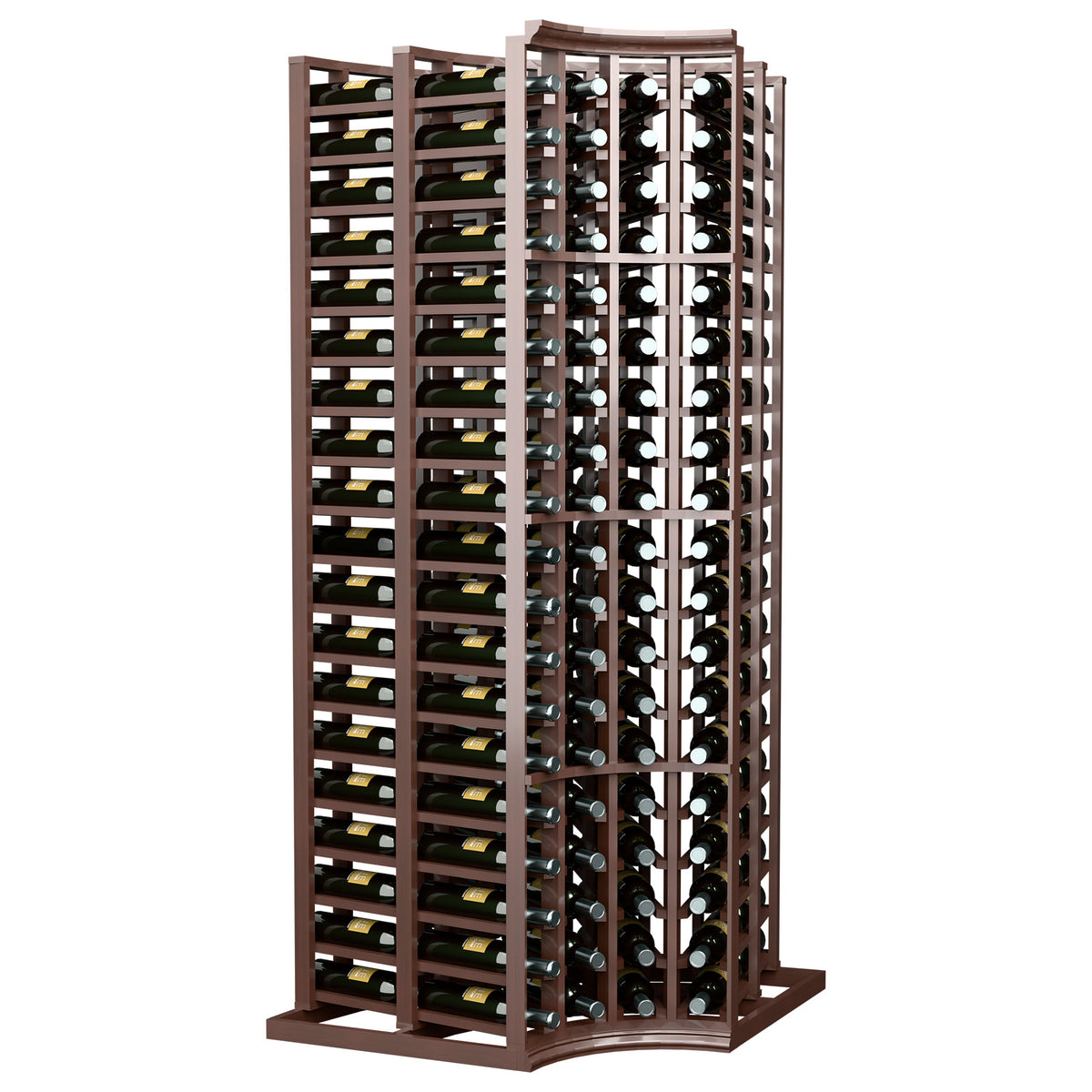 4-column curved corner double-deep wine bottle rack, dark brown wood frame
