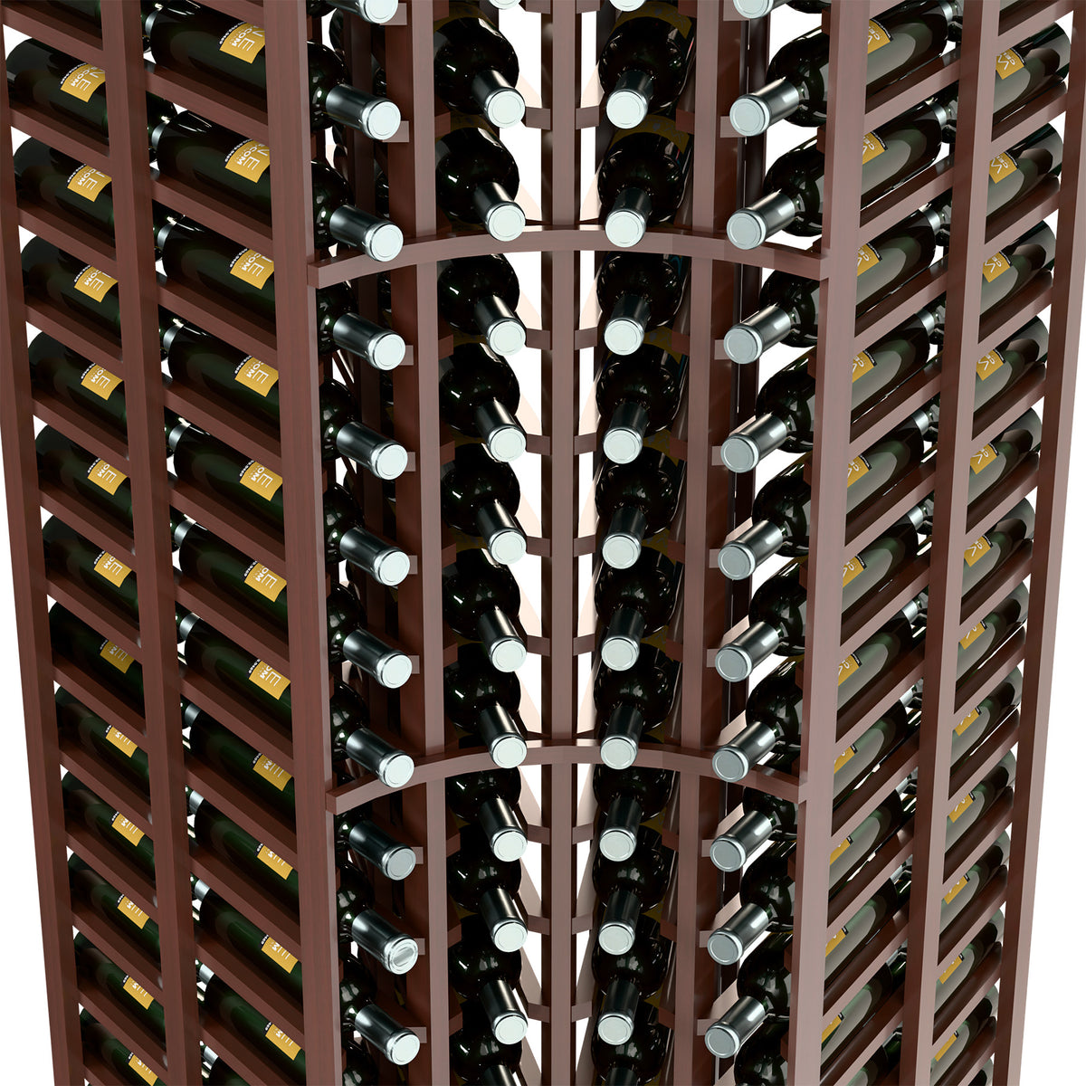 Wine bottle rack interior with dark brown dividers holding bottles in double-deep rows