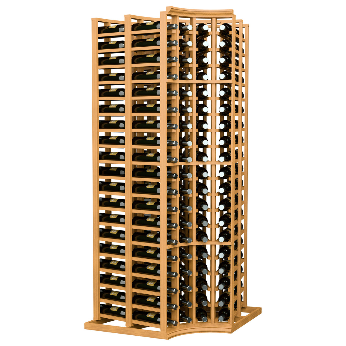 4-column curved corner double-deep wine bottle rack, light wood frame
