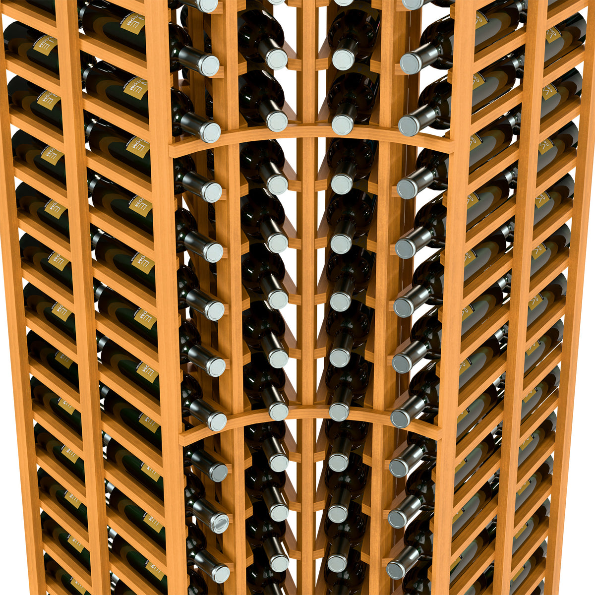 Wine bottle rack interior with light wood dividers holding bottles in double-deep rows