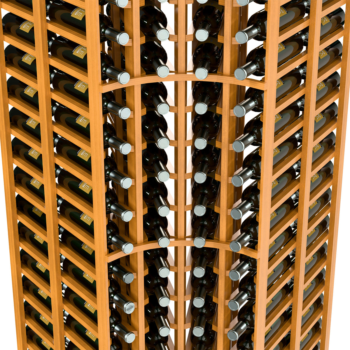 Wine bottle rack interior with light wood dividers and bottles in double-deep slots