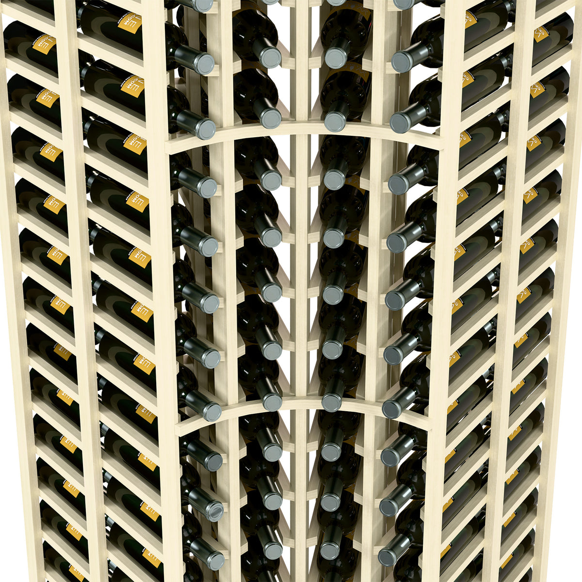 Wine bottle rack interior with white dividers holding bottles in double-deep rows
